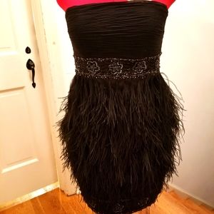 Nocturne Black Ostrich Feather Beaded strapless silk dress